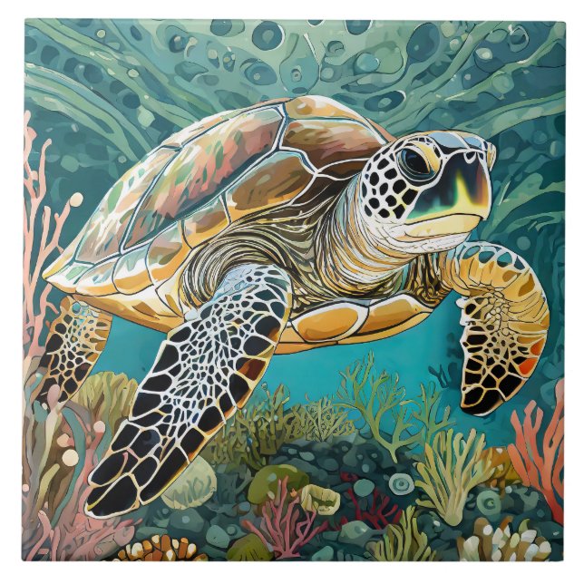 Bold Sea Turtle Comic Style Ceramic Tile (Front)