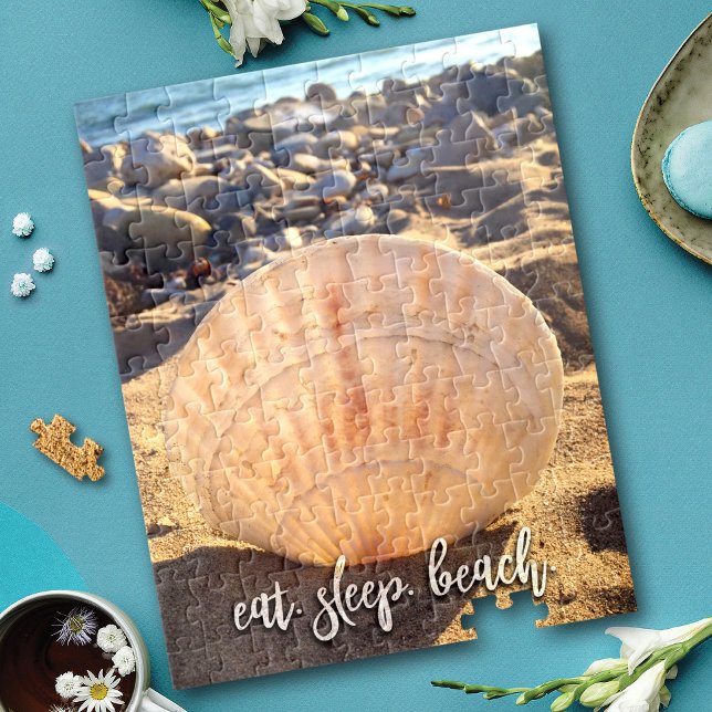 Bold Seashell Photo Eat Sleep Beach Script Stylish Jigsaw Puzzle (Creator Uploaded)