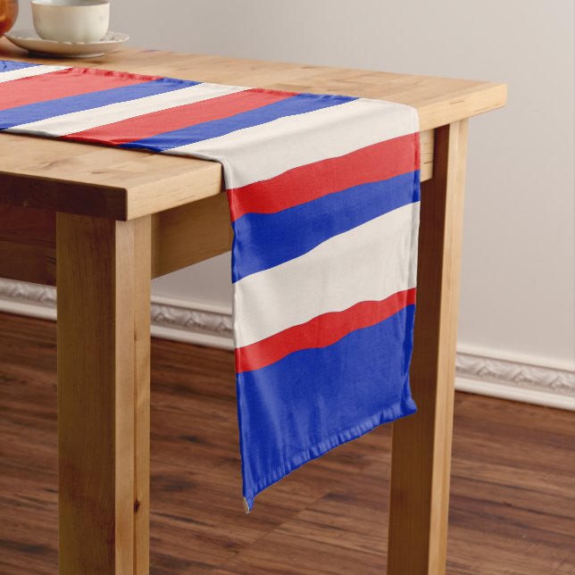 Bold Serrate Stripe Pattern Bright Blue Red Cream Short Table Runner (In Situ)