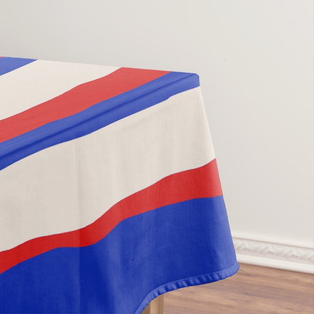 Bold Serrate Stripe Pattern Bright Blue Red Cream Tablecloth (In Situ)