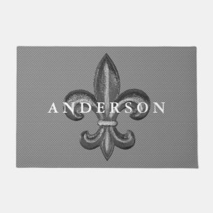 Bold Silver Fleur de Lis Personalised Family Name Doormat