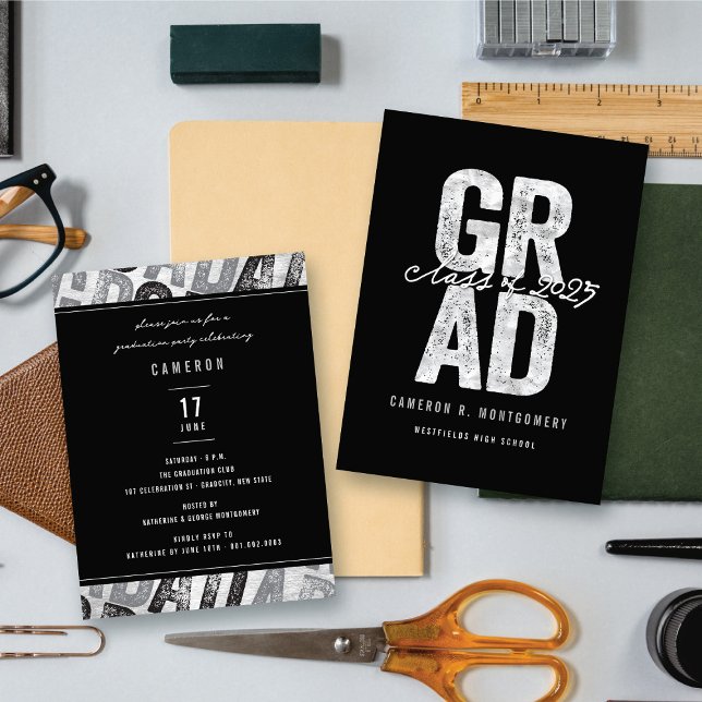 Bold Silver GRAD Stylish Graduation Party Invite (Modern Bold Silver GRAD Stylish Graduation Party Insert / Enclosure Card @ zazzle.com/color_therapy)