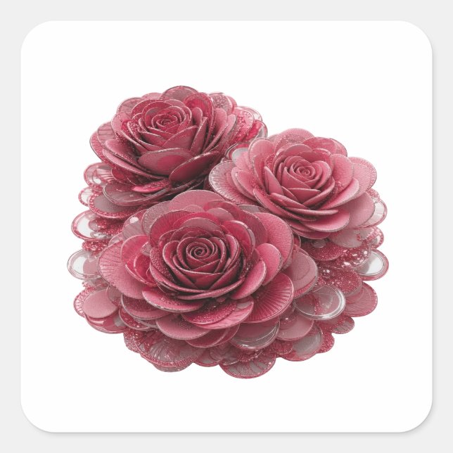 Bold Silver THREE PINK ROSES WITH WATER DROPS Square Sticker (Front)