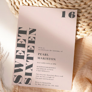 Bold simple grey pastel pink sweet 16 birthday invitation