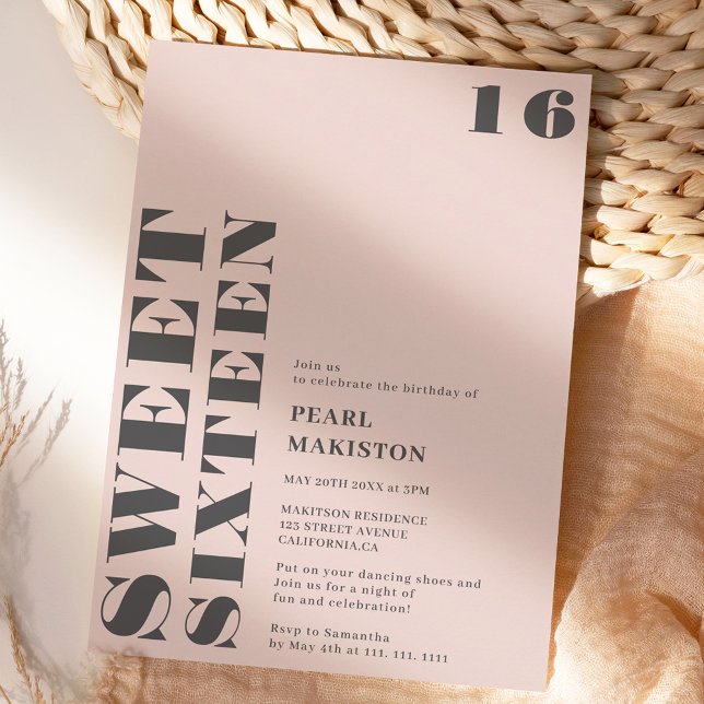 Bold simple grey pastel pink sweet 16 birthday invitation (Bold simple gray pastel pink sweet 16 birthday invitation)