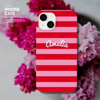 Bold Simple Retro Stripe Red and Pink Personalised Case-Mate iPhone 14 Case