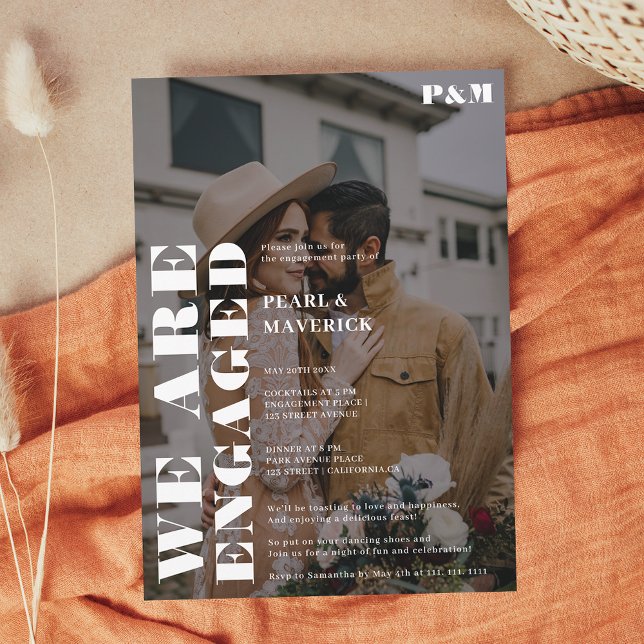 Bold simple white black photo engagement party invitation (Bold simple white black photo engagement party invitation)