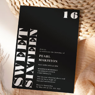 Bold simple white black sweet 16 birthday invitation
