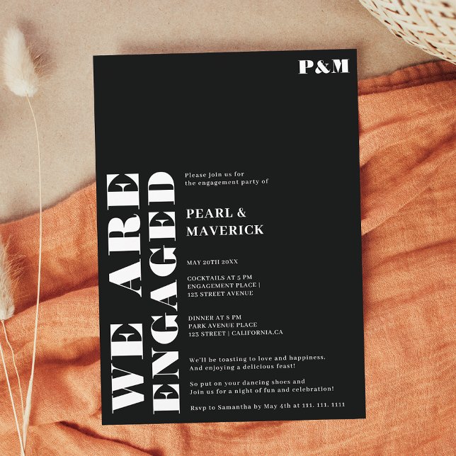 Bold simple white black wedding engagement party invitation (Bold simple white black wedding engagement party invitation)