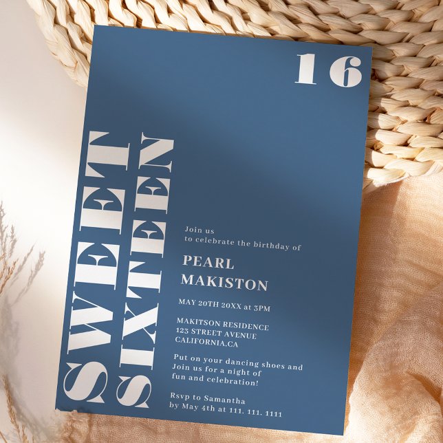 Bold simple white blue sweet 16 birthday invitation (Bold simple white blue sweet 16 birthday invitation)
