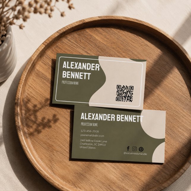 Bold Simplicity Green & Cream Scannable Qrcode  Business Card (Creator Uploaded)