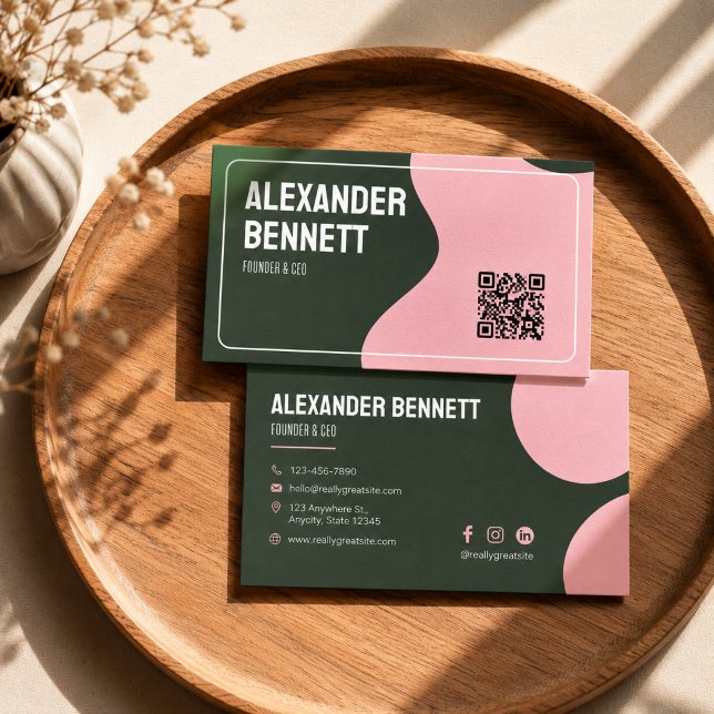 Bold Simplicity Green & Pink Scannable Qrcode  Business Card (Creator Uploaded)