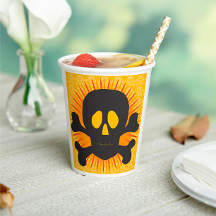 Bold Skull and Crossbones with Orange Burst Paper Cups