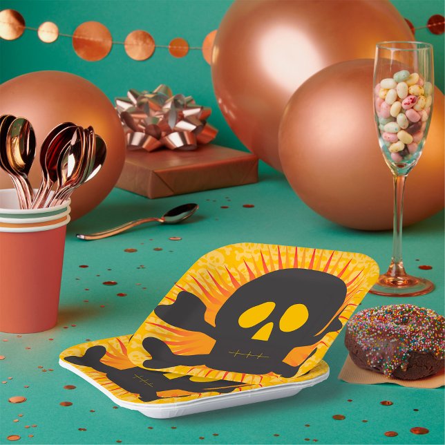 Bold Skull and Crossbones with Orange Burst Paper Plate (Creator Uploaded)