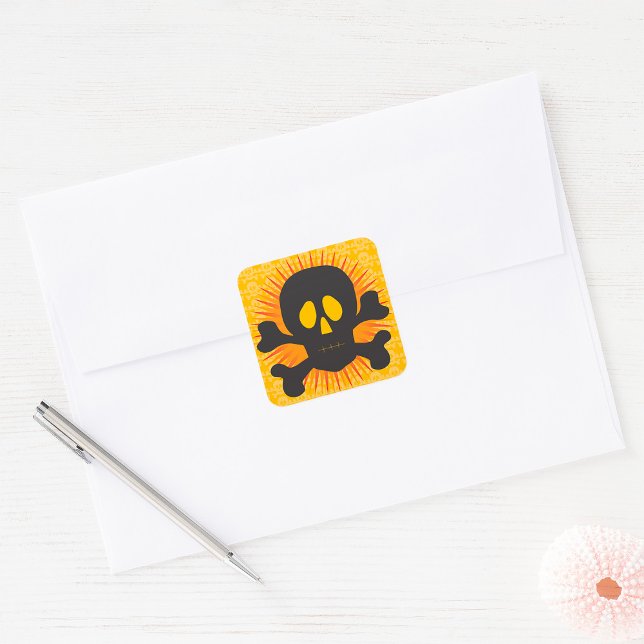 Bold Skull and Crossbones with Orange Burst Square Sticker (Creator Uploaded)