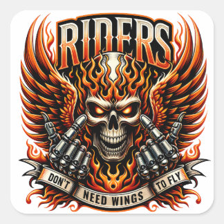 Bold Skull Design With Fiery Wings and Hands Square Sticker