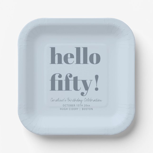 Bold Soft Blue Modern 50th Birthday Custom Paper Plate (Front)