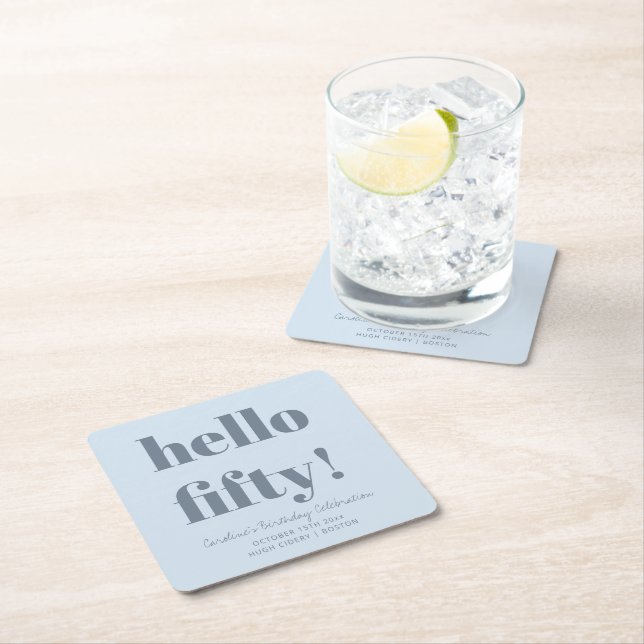Bold Soft Blue Modern 50th Birthday Custom Square Paper Coaster (Insitu)
