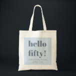Bold Soft Blue Modern 50th Birthday Custom Tote Bag<br><div class="desc">This personalised tote design features a soft icy blue background with a bold “hello fifty” message and custom celebration details. Designed for milestone birthday parties, it works well for welcome bags, party favours, or carrying essentials during the celebration weekend. The cool dusty blue colour coordinates easily with modern birthday décor....</div>