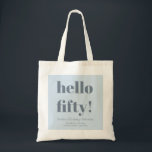 Bold Soft Blue Modern 50th Birthday Custom Tote Bag<br><div class="desc">This personalised tote design features a soft icy blue background with a bold “hello fifty” message and custom celebration details. Designed for milestone birthday parties, it works well for welcome bags, party favours, or carrying essentials during the celebration weekend. The cool dusty blue colour coordinates easily with modern birthday décor....</div>
