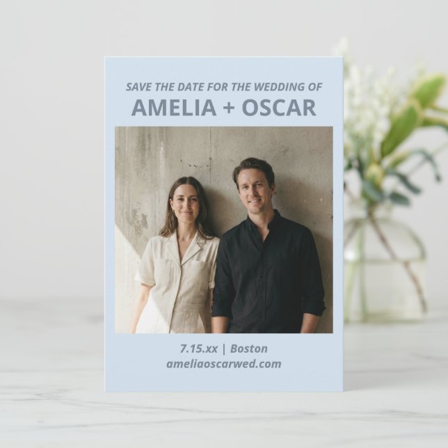 Bold Soft Blue Photo Modern Typography Wedding Save The Date (Standing Front)