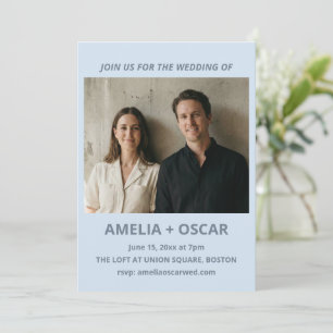 Bold Soft Blue Photo Modern Wedding Typography Invitation