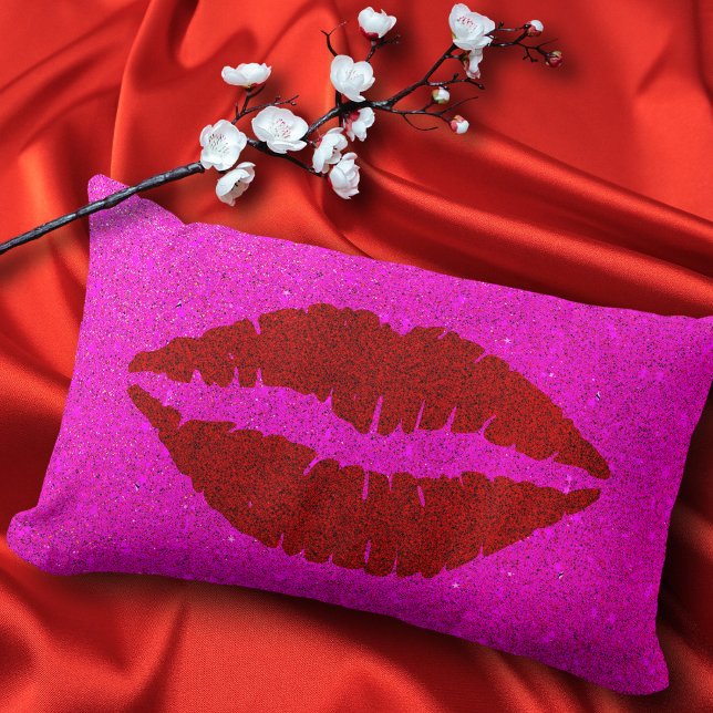Bold sparkly red lips pink glitter background glam lumbar cushion (Creator Uploaded)