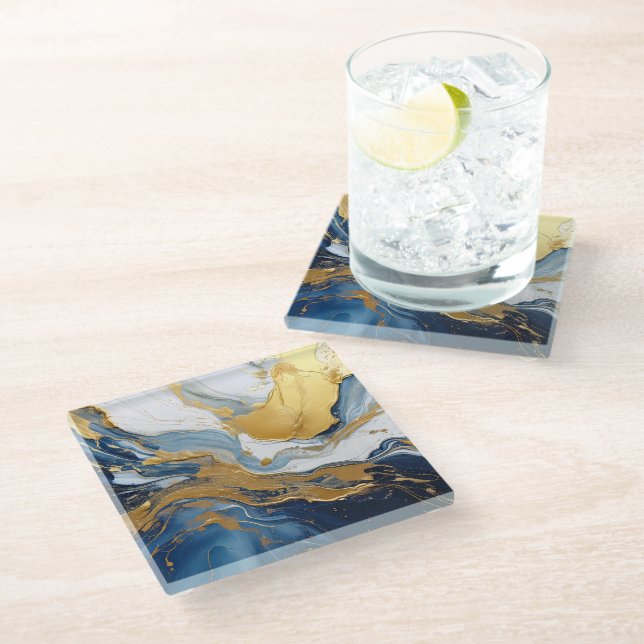 Bold Splash of Gold and Blue Glass Coaster (Angled)