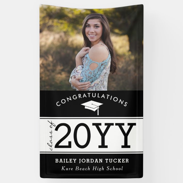 Bold Sporty Black and White Photo Graduation Banner (Vertical)