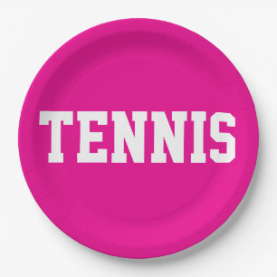 Bold Sporty Bright Pink Athletic White TENNIS Text Paper Plate