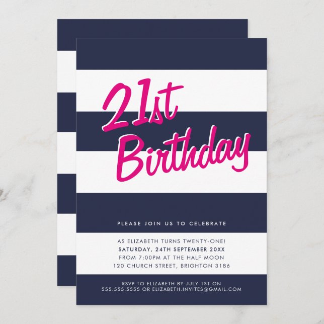 BOLD STRIPED birthday party INVITE navy blue pink (Front/Back)