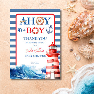 Bold Striped Blue Red Nautical Ahoy Boy Lighthouse Thank You Card