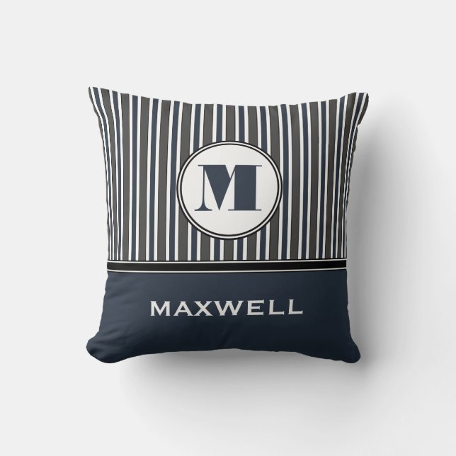 Bold Stripes Blue Grey Monogram Personalised Cushion (Front)
