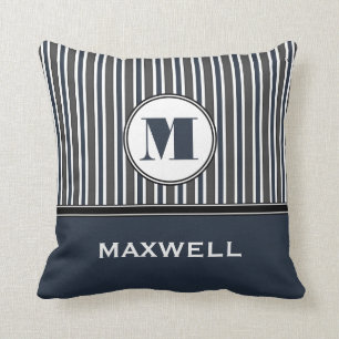 Bold Stripes Blue Grey Monogram Personalised Cushion