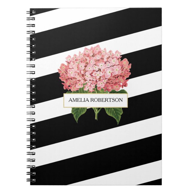 Bold Stripes & Pink Hydrangeas Personalised Notebook (Front)