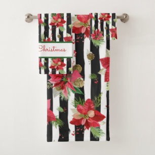 Bold Stripes with Poinsettias Merry Christmas Bath Towel Set