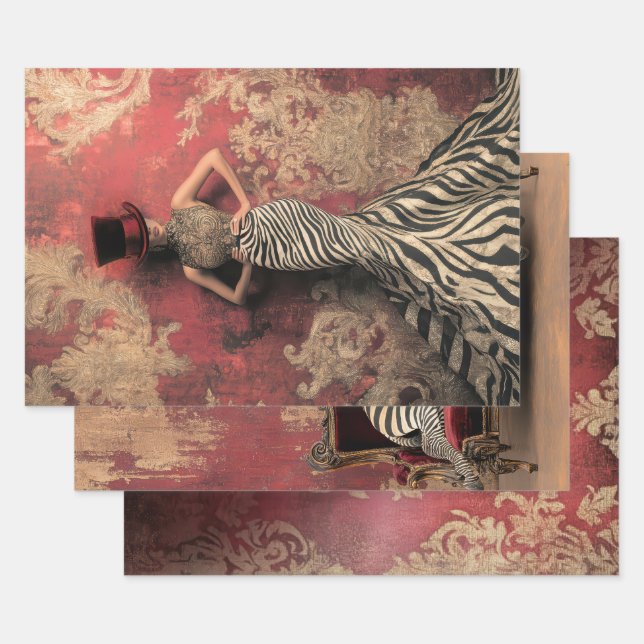 Bold Stripes Zebra Print Dark Circus Damask Patina Wrapping Paper Sheet (Set)