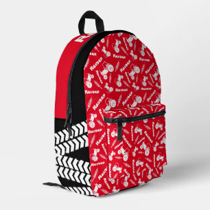 Bold stylised tractor graphic wheat name red printed backpack