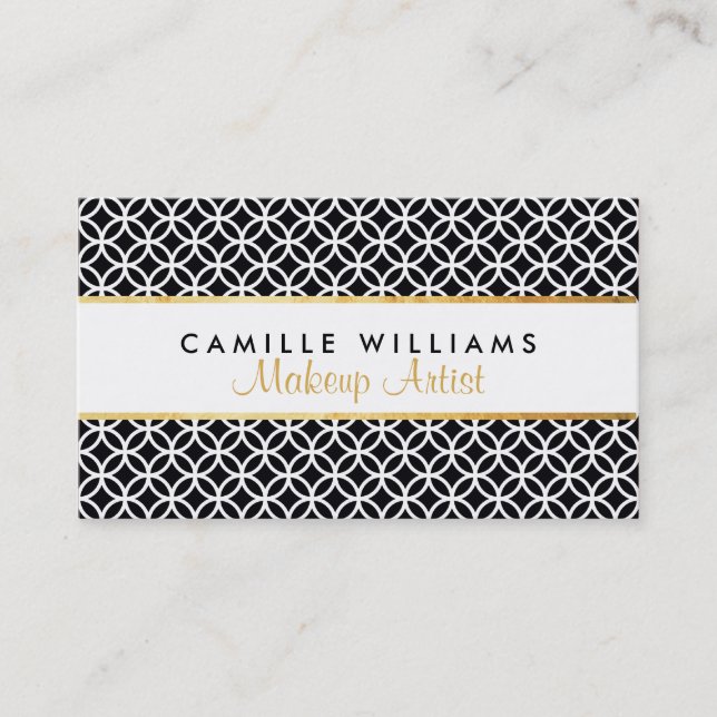 BOLD stylish gold strip circle pattern black white Business Card (Front)