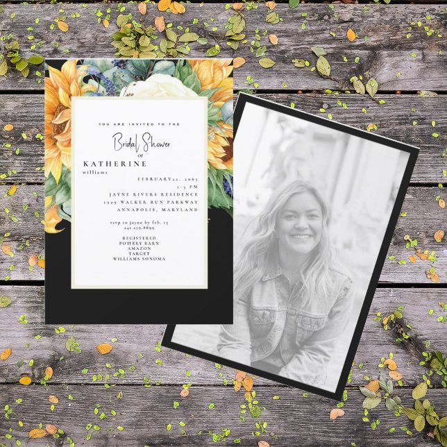 Bold Summer Sunflower Black Bridal Shower Photo In Invitation (Creator Uploaded)