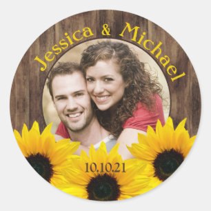 Bold Sunflower Wood Photo Wedding Save the Date Classic Round Sticker