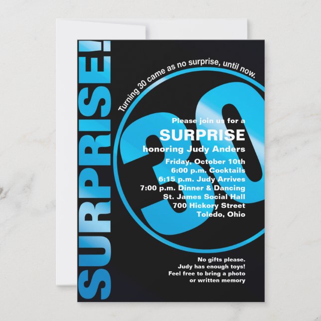 Bold Surprise Birthday Invitation - Blue 30th (Front)