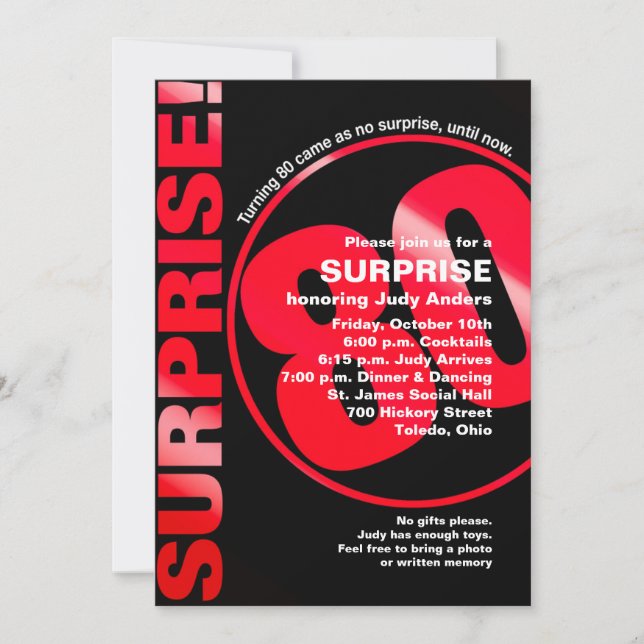 Bold Surprise Birthday Invitation - Red 80th (Front)