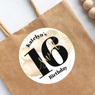 Bold Sweet 16 Birthday Gold Girly Balloons White Classic Round Sticker