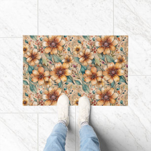 Bold Tan and Teal Flowers  Doormat