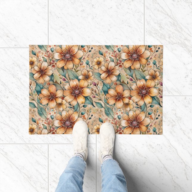 Bold Tan and Teal Flowers  Doormat (Indoor)