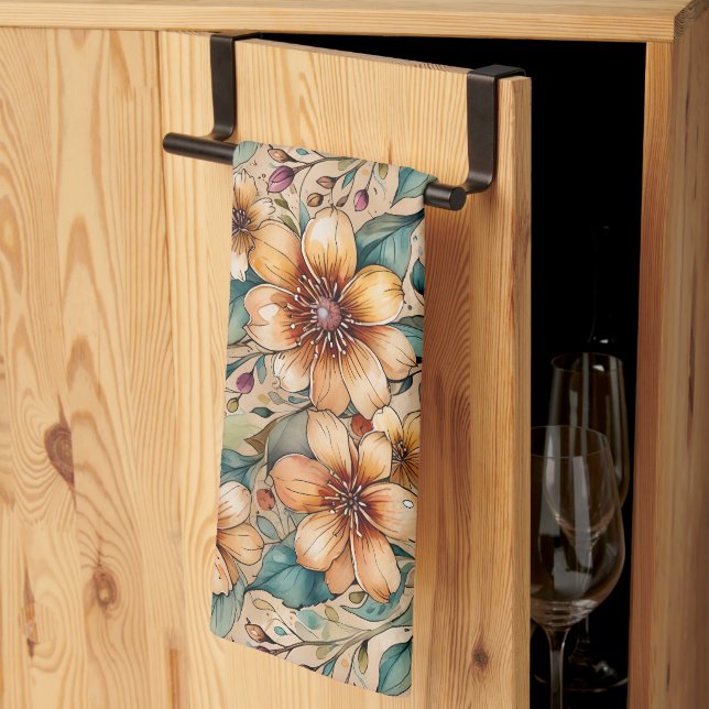 Bold Tan and Teal Flowers  Tea Towel (Thirds Fold)