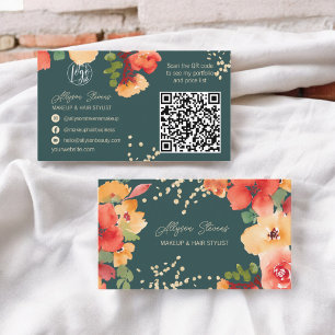 Bold teal floral gold makeup hair logo qr code business card