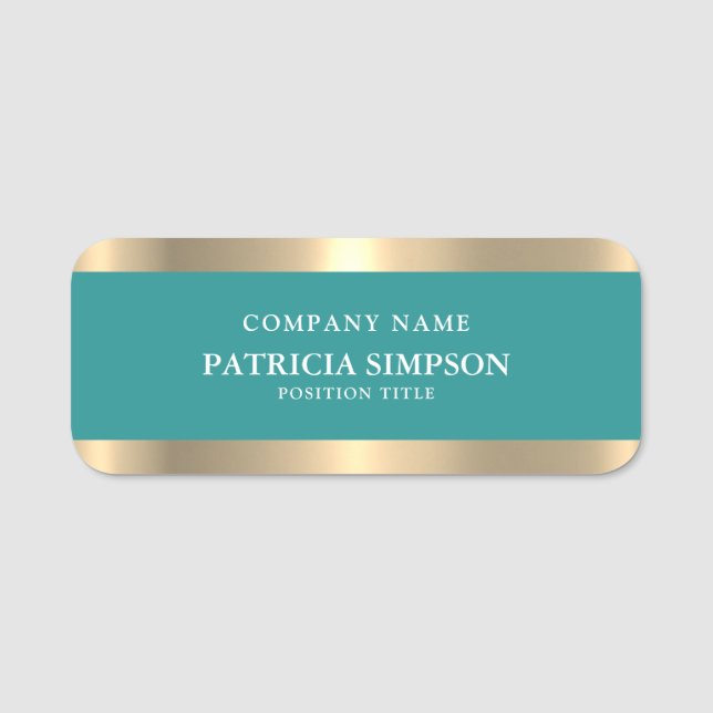 Bold Teal Green And Luxury Metallic Golden Borders Name Tag (Front)