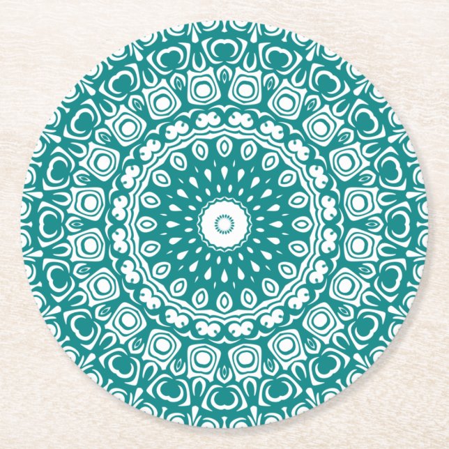 Bold Teal Mandala Pattern Round Paper Coaster (Front)